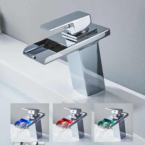 OUGOO Edelstahl LED Bad Wasserfall Wasserhahn angetrieben durch Wasser, RGB 3 Farbwechsel Waschbecken Mischer mit Temperatursensor, Nickel Gebürstet Single Handle Wasserhahn von OUGOO