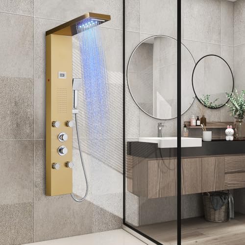OUGOO Gold Duschpaneel mit Armatur, LED Regen- & Wasserfall-Funktion Duschpaneele Komplett mit 2-Typ-Massagedüsen, Temperaturdisplay und Handbrause, Edelstahl von OUGOO