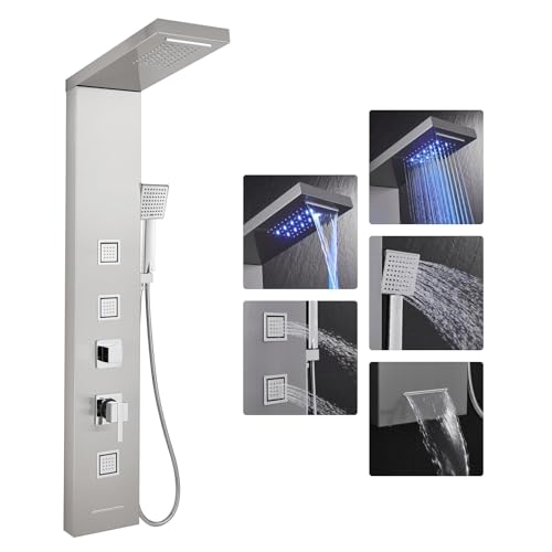 OUGOO LED-Duschpaneel mit Armatur, Duschsäule Komplettset mit Regendusche, Wasserfalldusche, Quadratischen Massagedüsen, Handbrause und Badewannenauslauf, Edelstahl, Gebürsteter von OUGOO
