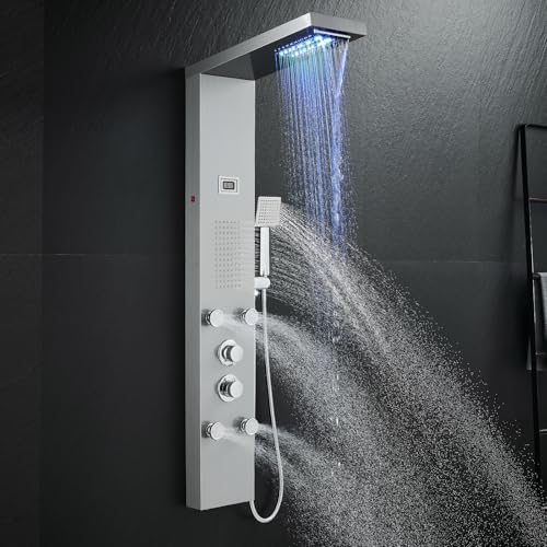 OUGOO LED Duschpaneel mit Armatur, Regen- & Wasserfall-Funktion Duschpaneele Komplett mit 2-Typ-Massagedüsen, Temperaturdisplay und Handbrause, Edelstahl Gebürstet von OUGOO