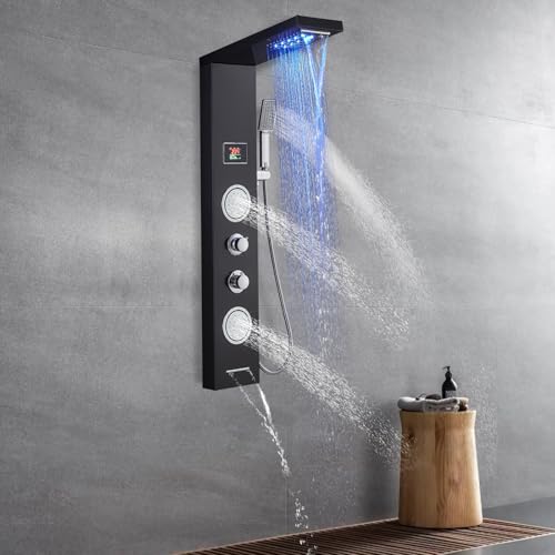 Duschpaneel LED ohne Batterie, OUGOO Duschpaneel mit Armatur und Temperaturanzeige, 5 Duschmodi - Regendusche, Wasserfalldusche, Massagedusche, Handbrause und Wanneneinlauf, 304 Edelstahl, Schwarz von OUGOO