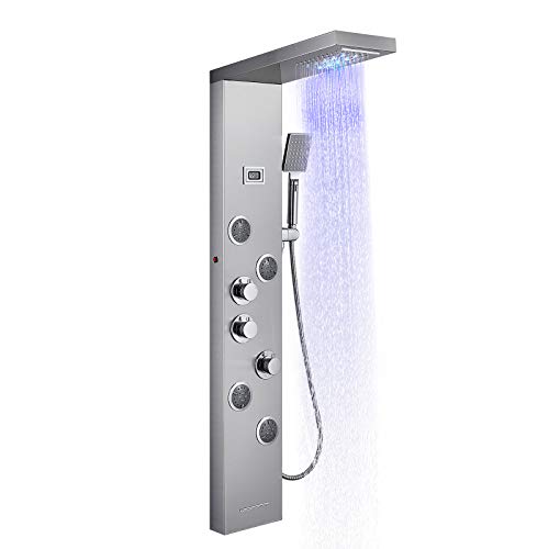 OUGOO LED-Duschpaneel mit Armatur und Temperaturanzeige, 6 in 1 Duschpaneel aus Edelstahl 304, Regendusche, Wasserfall, Handbrause, 4 Massageduschen, Gebürstet von OUGOO