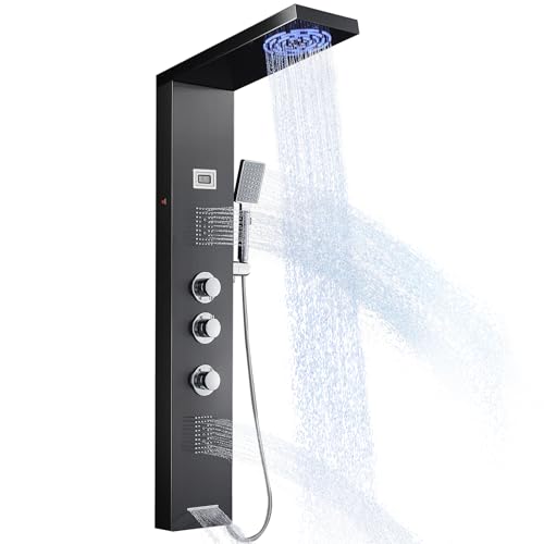 Duschpaneel LED, OUGOO 6 Funktionen Duschpaneel mit Armatur, Temperaturanzeige, Regendusche, Nebeldusche, 2 Modi Massagedüsen, Handbrause und Wanneneinlauf, Edelstahl Duschpaneele Komplett, Schwarz von OUGOO