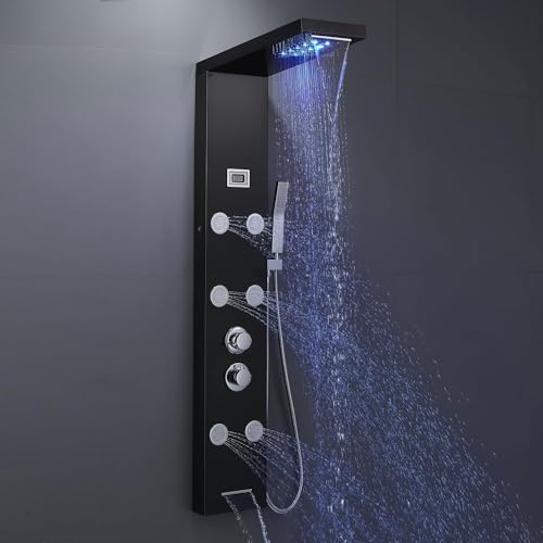OUGOO Duschpaneel mit Armatur, LED und Temperaturanzeige, Duschsäule Komplettset mit 5 Duschmodi: Regendusche, Wasserfalldusche, Massagedüsen, Handbrause und Badewannenauslauf, 304 Edelstahl, Schwarz von OUGOO