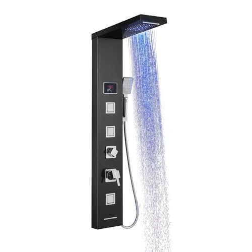 OUGOO LED Duschpaneel mit Armatur und Temperaturanzeige, Duschsäule Komplettset mit Regendusche, Wasserfalldusche, Massagedüsen, Handbrause und Badewannenauslauf, 304 Edelstahl, Schwarz von OUGOO