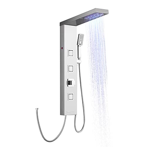 OUGOO Duschpaneel ohne Armatur, LED Duschpaneel mit Regendusche, Massagedüsen, Handbraus,Wasserfall,304 Edelstahl Duschpaneel ohne Thermostat,Gebürstet von OUGOO