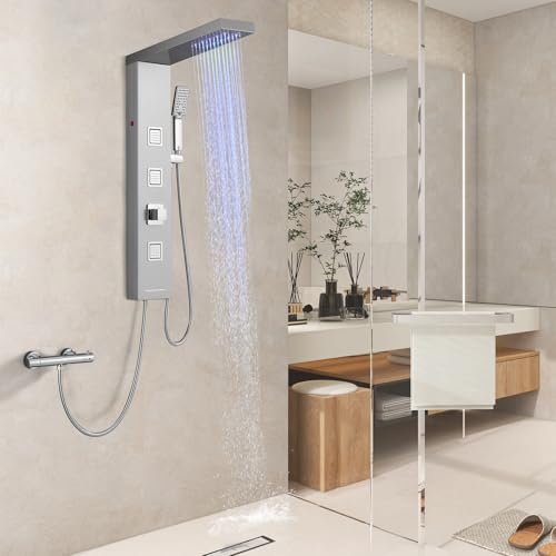 OUGOO Duschpaneel ohne Armatur, LED Duschsäule Komplettset, Regendusche, quadratischen Massagedüsen, Handbrause und Badewannenauslauf, 304 Edelstahl Gebürsteter von OUGOO