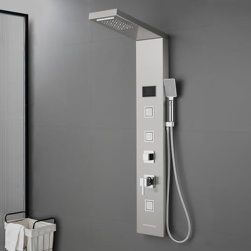 OUGOO Duschpaneel mit Temperaturanzeige, Armatur und LED-Lichtern, Duschsäule Komplettset mit Regendusche, Wasserfalldusche, Massagedüsen, Handbrause und Badewannenauslauf, 304 Edelstahl, Gebürsteter von OUGOO