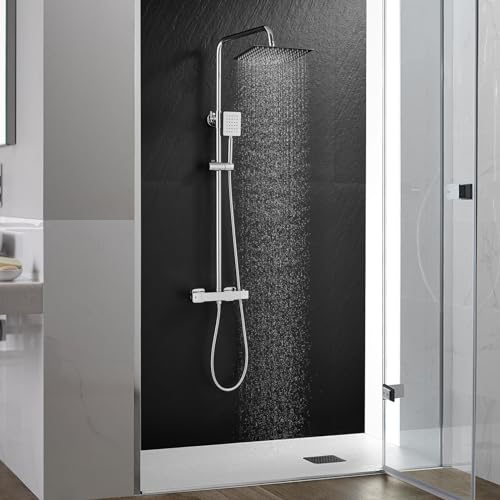 OUGOO Regendusche mit Thermostat, Duschsystem mit Armatur, Regenbrause aus Rostfreiem Edelstahl 25x25cm eckig und Handbrause, Höhenverstellbar 70-123cm,Duschset aus chrom von OUGOO