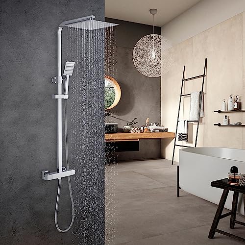 OUGOO Duschsystem mit Thermostat,Regendusche mit Armatur, Regenbrause aus Rostfreiem Edelstahl 25x25cm eckig und Handbrause, Höhenverstellbar 70-123cm,Duschset aus chrom von OUGOO