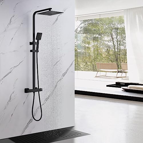 OUGOO Regendusche mit Thermostat,Duschsystem mit Armatur, Duschkopf aus Rostfreiem Edelstahl 25x25cm eckig und Handbrause, Höhenverstellbar 70-123cm, Schwarz von OUGOO