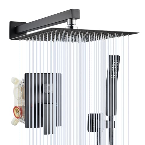 OUGOO Unterputz Duschsystem, inkl. 25×25cm Eckig Duschkopf aus Edelstahl 304 und Handbrause aus Messing, Schwarz von OUGOO