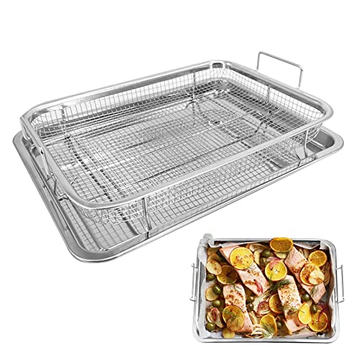 2PCS Backblech und Kuchengitter Set Edelstahl,13"x 9.6" x3.1" Ofen Air Fryer Pan Mesh Basket,Delux Non-Stick Crisper Ofen Tablett zum Backen und Knusprigen Hähnchen,Pommes Frites und Zwiebelringe von OUGPIU