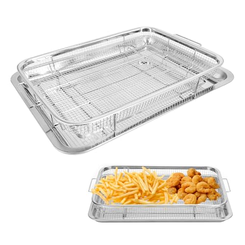 2PCS Backblech und Kuchengitter Set Edelstahl,15.43"x 11.54" x2.17" Ofen Air Fryer Pan Mesh Basket,Non-Stick Crisper Ofen Tablett zum Backen und Knusprigen Hähnchen,Pommes Frites und Zwiebelringe von OUGPIU