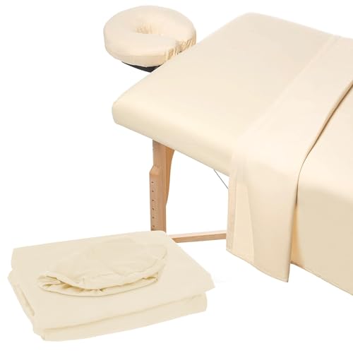 3-teiliges Massageliegen Bettwäsche Set,Mikrofaser Premium-Gesichts Bettbezug,inklusive Bettlaken und Spannbettlaken mit Gesichtsauflage,für Beauty Salon Spa (Beige) von OUGPIU