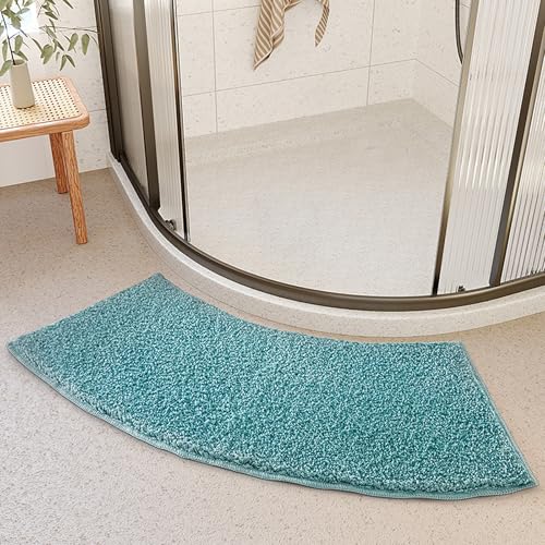 OUGPIU Badematte Runddusche, 40x100cm Mikrofaser, Zottelige Duschmatte, Viertelkreis, Rutschfest, Hochflor, Gebogen, Waschbar, Blau von OUGPIU