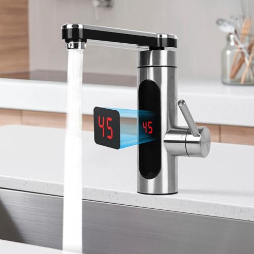 Elektrischer Wasserhahn 3KW Sofortiger Warm Wasserhahn, Elektrische Heizung KüChenarmatur mit 360° LED Temperaturanzeige, Mischbatterie Edelstahl Armatur Wasserhahn von OUGPIU