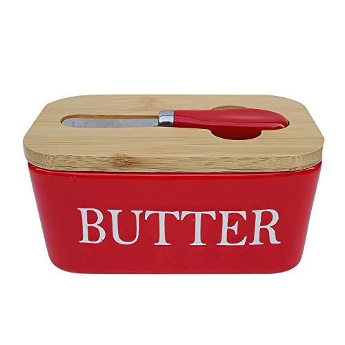 Große Butterdose für 250g Butter,Butterdose mit Messer Keramik Butterdose Double-Layer-Silikon-Dichtung Butterdose mit Deckel,Gute Küche Geschenk (Rot) von OUGPIU