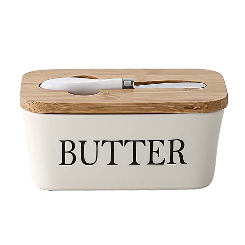 Große Butterdose für 250g Butter,Butterdose mit Messer Keramik Butterdose Double-Layer-Silikon-Dichtung Butterdose mit Deckel,Gute Küche Geschenk (Weiß) von OUGPIU