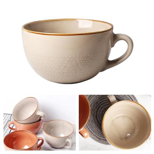Kaffeetasse Groß Tasse 700ml Keramik Suppentassen mit Henkel,Porzellan Kaffeetasse Müslischalen Kaffeebecher Müsli Suppen Ramen Salat Schale Schüssel Groß Suppenschüssel (Khaki) von OUGPIU