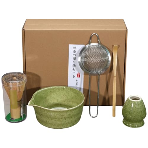 Matcha Set,Matcha Rührer Set mit Keramik Matcha-Schale,Matcha-Schneebesen-Ständer und Teelöffel aus Bambus,Klassisches Grün Matcha-Teezeremonie,Japanisches Zubehör für die Matcha-Zeremonie (5er-Set) von OUGPIU