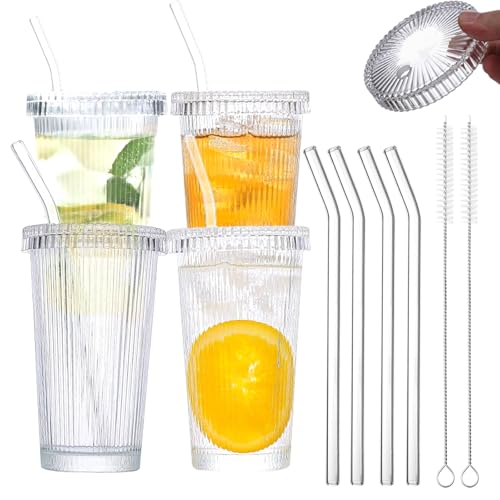 OUGPIU 380ml Gerippte Glasbecher mit Deckel und Strohhalm,Dickwandige und Robuste Glas Smoothie Becher,Luftdicht Wasserdicht Design Kaffeebecher Travel Mug,Eiskaffee Becher,Trinkglas von OUGPIU