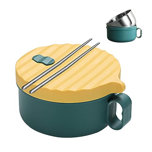 Ramen Schüssel mit Deckel,1200ml 304 Abnehmbarer Rostfreier Stahl Liner Ramen Bowl Set mit Stäbchen,Instant Kreative Japanische Suppenschüssel für Schlafsäle Haushalts,Leicht zu Reinigende (Grün) von OUGPIU