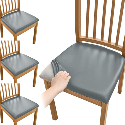 Stuhlbezug Sitzfläche,Wasserdicht PU Stuhlbezug Set,Bezug für Stühle Sitzbezüge,Stretch Leder Sitzbezüge Sitzflächenbezug Abnehmbar Esszimmerstuhl Hussen für Küche Hochzeit Bankett (4, Grau, S) von OUGPIU