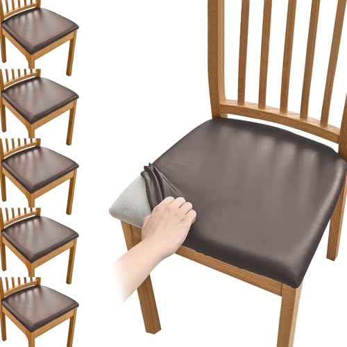 Stuhlbezug Sitzfläche,Wasserdicht PU Stuhlbezug Set,Bezug für Stühle Sitzbezüge,Stretch Leder Sitzbezüge Sitzflächenbezug Abnehmbar Esszimmerstuhl Hussen für Küche Hochzeit Bankett (6, Kaffee, L) von OUGPIU