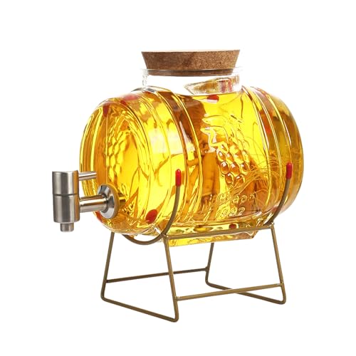 Whisky Karaffe,5000ml Fass mit Hahn und Eisenuntersatz,Fassförmiger Getränkespender aus Glas mit Verschlusskorken,Transparenter Alkoholspender Set Geschenke für Freund,Ehemann,Vater von OUGPIU
