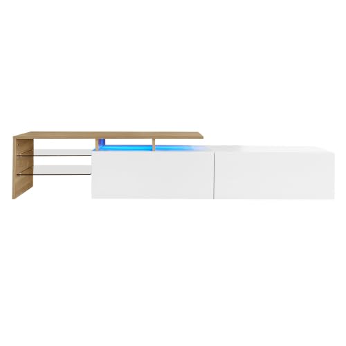 OUHOE TV-Schrank Modern Design Schwarz Holz Glasboden LED Beleuchtung Stauraum Multimedia Möbel Wohnzimmer Kompakt (White+Natural + Particle Board) von OUHOE