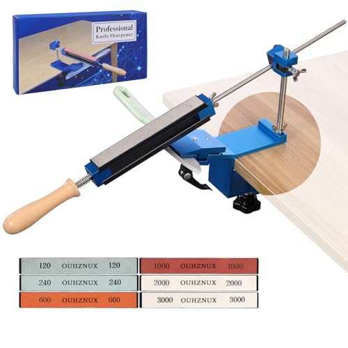 Messerschärfer Profi, OUHZNUX Professionelles Messerschärfer-Set Manuelles Schärfgerät mit Schnellspanner Professionelles Anspitzer-System mit festem Winkel von CNC Hergestellt,6 Schleifstein, Blau von OUHZNUX