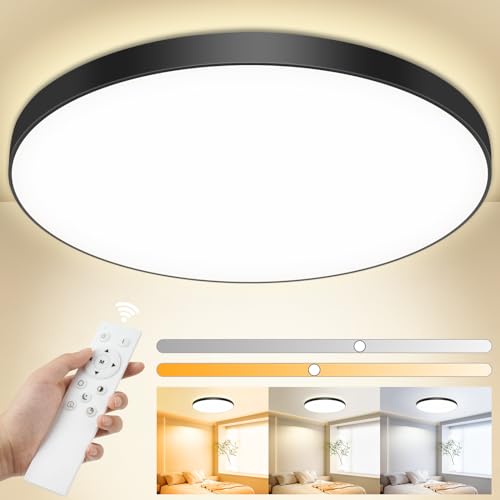 Deckenlampe LED Deckenleuchte Flach Dimmbar mit Fernbedienung, 3000K~6500K, 24W, 2000LM, IP44 Wasserfest Deckenleuchten Rund, Küchenlampe LED Lampen Decke für Schlafzimmer/Wohnzimmer/BadØ28cm-Schwarz von OUILA