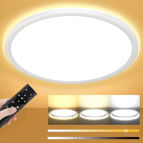 Deckenlampe Led Deckenleuchte Dimmbar mit Fernbedienung - 24W 2400LM Ø30cm H2.4cm Rund Flach LED Panel Decke Lampe für Schlafzimmer Badezimmer Küche Wohnzimmer Kinderzimmer 3000K-6500K IP44 Ultra Dünn von OUILA