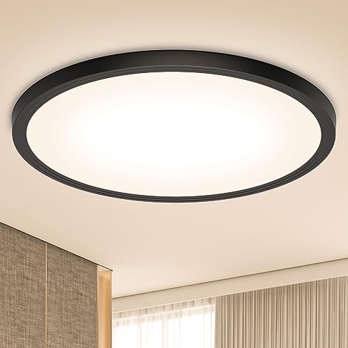 Deckenlampe Led Deckenleuchte Flach Lampe, Ø 30CM 24W 3000K 2400LM Warmweiss Badezimmer Schwarz Led Deckenlampe Modern Rund Led Lampe Decke für Küchen Wohnzimmer Schlafzimmer Kinderzimmer Flur Keller von OUILA