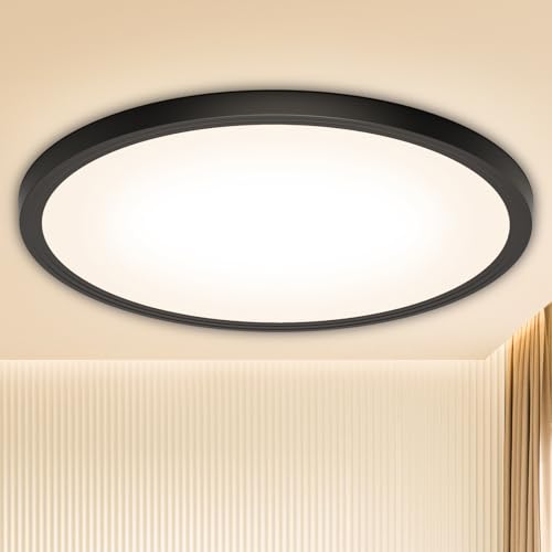 Deckenlampe Led Deckenleuchte Schwarz Lampe - Flach Rund Modern Warmweiss Deckenlampe Badezimmer Lampe Decke Badlampe Küchenlampe für Wohnzimmer Keller Flur Küche Schlafzimmer - 18W 3000K 1600LM 22CM von OUILA