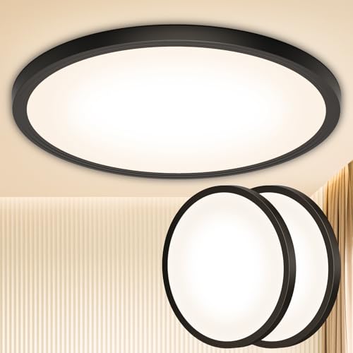 Deckenlampe Led Deckenleuchte Schwarz Lampe - Flach Rund Modern Warmweiss Deckenlampe Badezimmer Lampe Decke Badlampe Küchenlampe für Wohnzimmer Keller Flur Schlafzimmer 18W 3000K 1600LM 22CM 2 Stück von OUILA