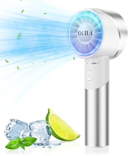 OUILA Handventilator, Mini USB Aufladbar Tragbarer Akku Ventilator mit 4 Geschwindigkeiten Turbo Wind, 2600mAh Max 16 Std. Klein Hand Ventilator To Go für Reisen Büro Zuhause Draußen (Weiß) von OUILA