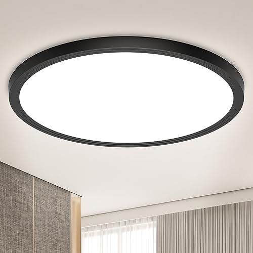 LED Deckenleuchte Flach Rund Deckenlampe - 18W Weiß Wohnzimmerlampe 4000K 1600LM IP44 Modern, Led Deckenlampe Schwarz Schlafzimmer Lampe Badlampe Decke für Keller Flur Küchen Balkon Treppe Ultra Dünn von OUILA