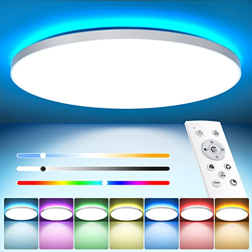 Led Deckenleuchte Dimmbar mit Fernbedienung 24W RGB Farbwechsel LED Deckenlampe Flach Rund Deckenbeleuchtung 3000K-6500K 2400LM für Schlafzimmer Küche Wohnzimmer Korridor Balkon Badezimmer Esszimmer von OUILA