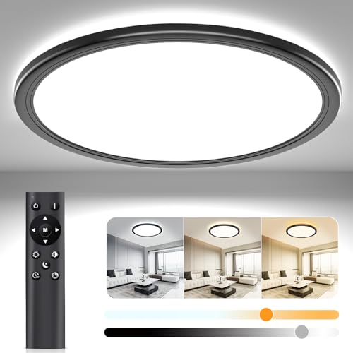 Led Deckenleuchte Flach Deckenlampe Dimmbar mit Fernbedienung, 3000K~6500K, Ø30cm 24W IP44, H2.7cm Ultra Dünn Rund Lampen Led Panel Deckenleuchte für Wohnzimmer Küche Kinderzimmer Badezimmer-Schwarz von OUILA