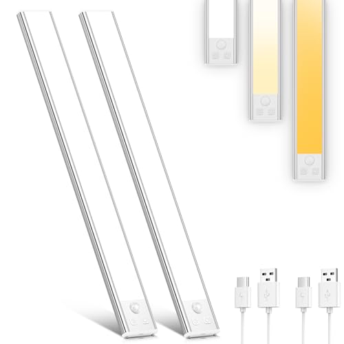 OUILA Led Schrankbeleuchtung mit Bewegungsmelder 41CM 3 Farben Dimmbar Unterbauleuchte Küche Led Leiste Batterie USB Wiederaufladbar Schranklicht für Küche, Badezimmer, Schlafzimmer 2 Stück von OUILA