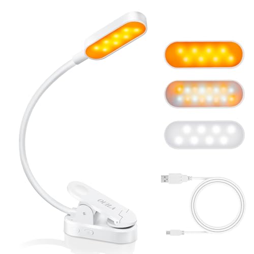 OUILA Leselampe Buch Klemme, 16 LEDs Mini Buchlampe mit 3 Farbtemperatur Modi & Stufenlose Helligkeit Klemmlampe 360° Flexibel Leselicht für Nachtlesen ins Bett（Weiß） von OUILA