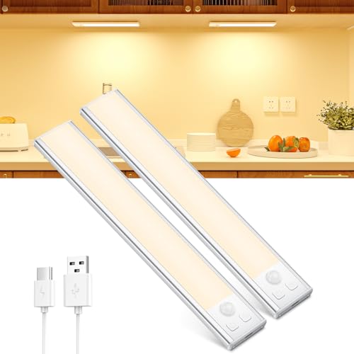 OUILA Schrankbeleuchtung LED mit Bewegungsmelder Unterbauleuchte Küche LED USB-C wiederaufladbar LED-Licht Dimmbar kabellos Nachtlicht für Küche Kleiderschrank Schrank 20.5CM 2 Stück von OUILA