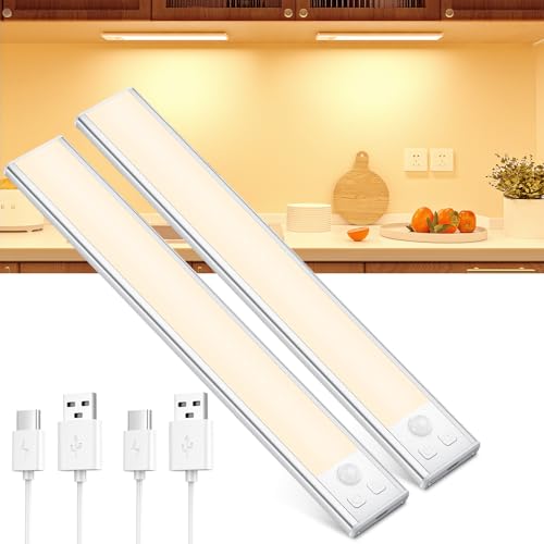 OUILA Schrankbeleuchtung LED mit Bewegungsmelder Unterbauleuchte Küche LED USB-C wiederaufladbar LED-Licht Dimmbar kabellos Nachtlicht für Küche Kleiderschrank Schrank 20.5CM 2 Stück von OUILA