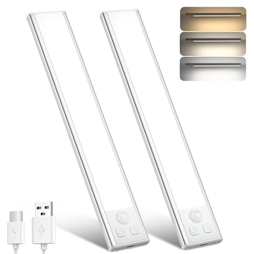 Schrankbeleuchtung LED 20.5CM 2 Stück Unterbauleuchte Küche Led mit Bewegungsmelder 3 Farbmodi Dimmbar Lampen Ohne Bohren USB-C Wiederaufladbar Nachtlicht für Kleiderschrank Treppe Küche Schlafzimmer von OUILA