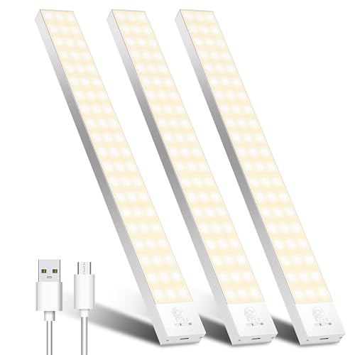 Unterbauleuchte Küche LED Schrankbeleuchtung 32cm 3Stück Warmweiß mit Bewegungsmelder Innen Akku,Schranklicht Schrankleuchten Lichtleiste USB mit Sensor für Kleiderschrank,Unterschrank,Kofferraum,RV von OUILA