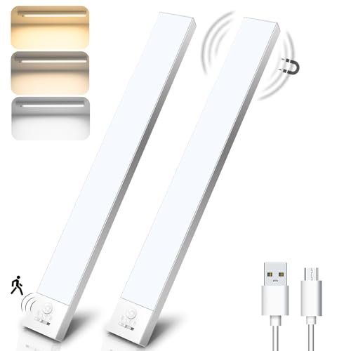 Unterbauleuchte Küche LED Schrankbeleuchtung mit Bewegungsmelder Innen 3Farbmodi Dimmbar 3000K/4000K/6500K,32cm 2Stück,LED Leiste Lampe Ohne Bohren USB Kabellos für Kleiderschrank/Treppe/Vitrinen/RV von OUILA