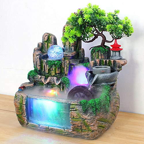 Fetcoi Zimmerbrunnen mit LED-Beleuchtung & Nebel - Moderner Tischbrunnen Wasserfall aus Resin (30x20x30cm) mit 3 Wasserspeiern & Kiefern-Design für Büro, Wohnzimmer & Meditation von OUKANING