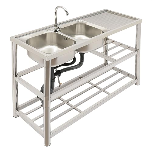 OUKANING 120x45x80cm Doppel Spülbecken Gastro Doppelspüle Küche, Freistehende Spültisch Komplettes Set, Doppelte Wasserhahnlöcher, Tragfähigkeit 100kg, Häuslich/Kommerziell von OUKANING